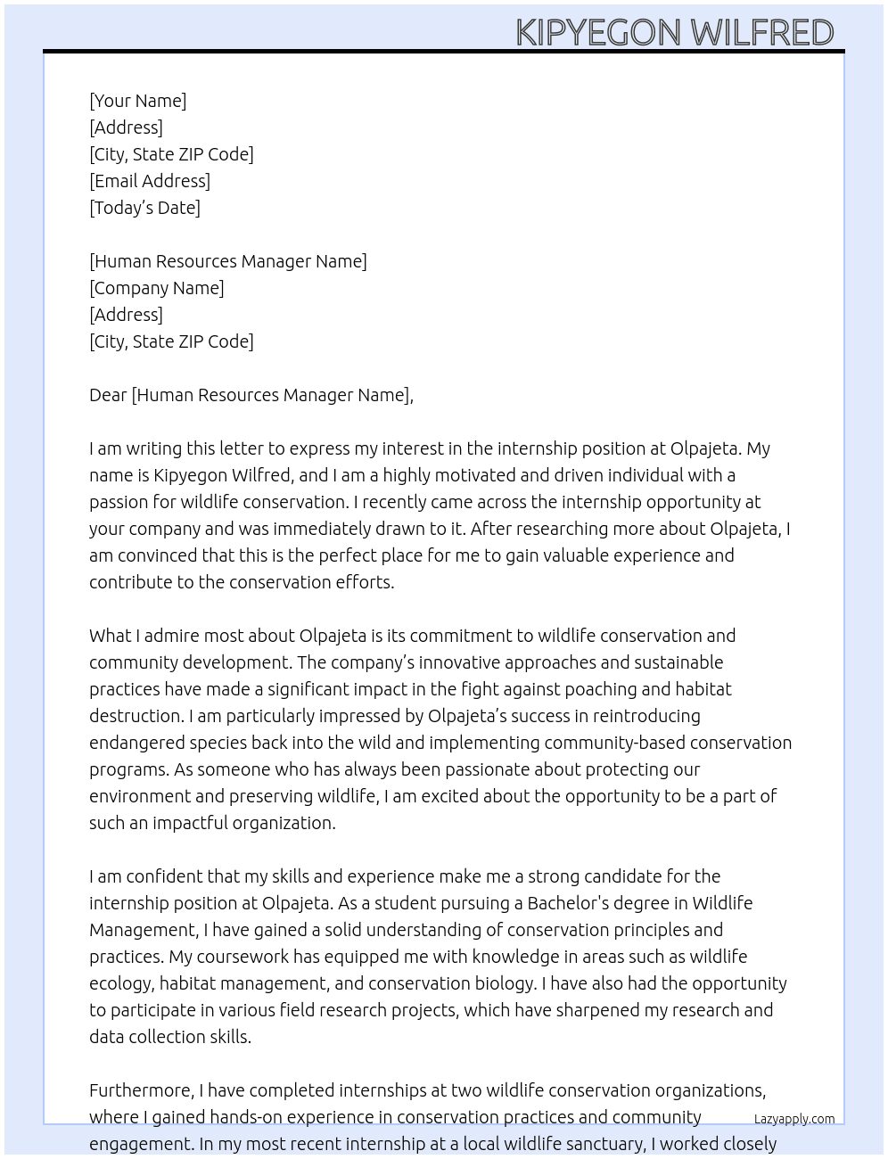 INTERNSHIP  At Olpajeta  Cover Letter