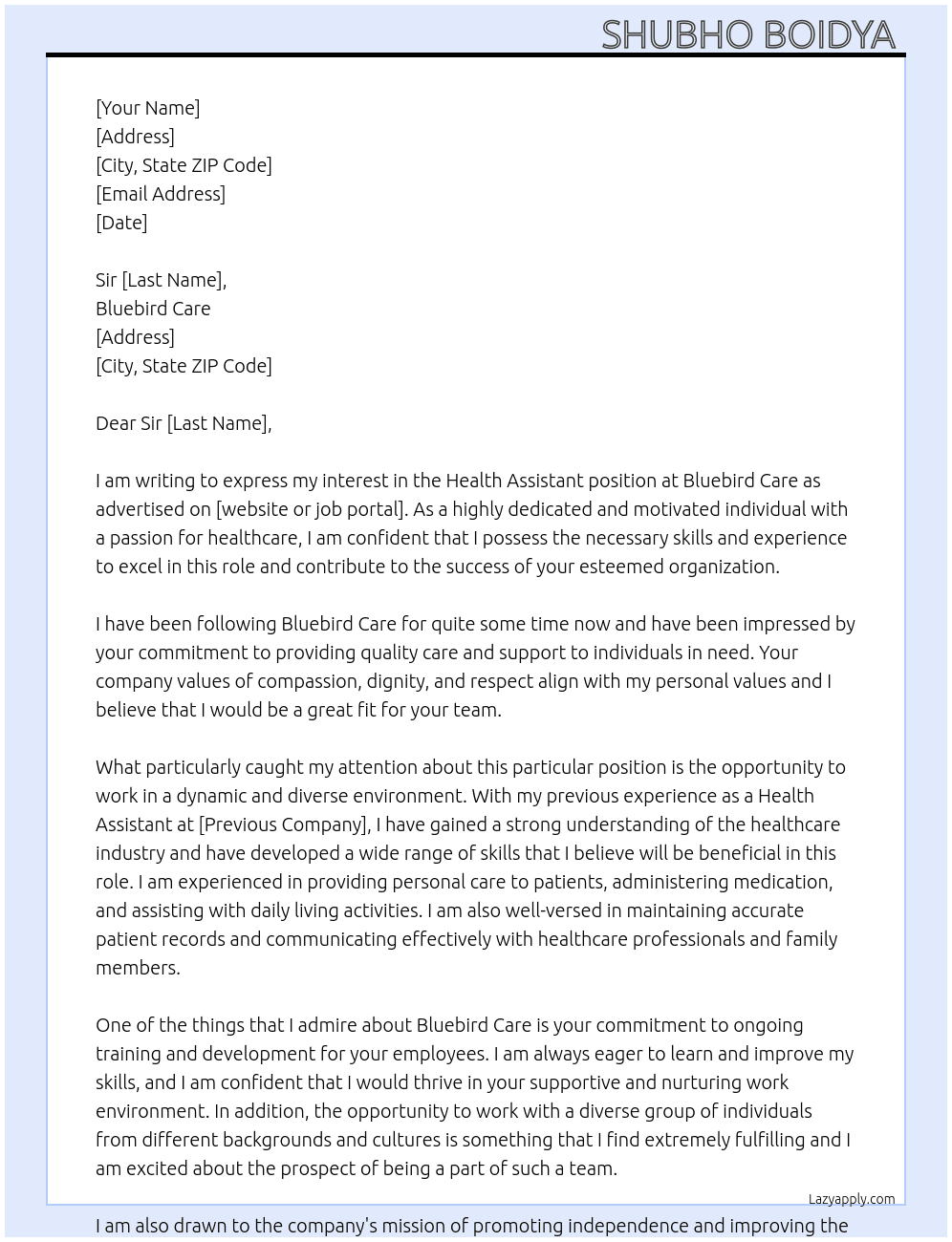 Health Assistant  At Bluebird Care Cover Letter