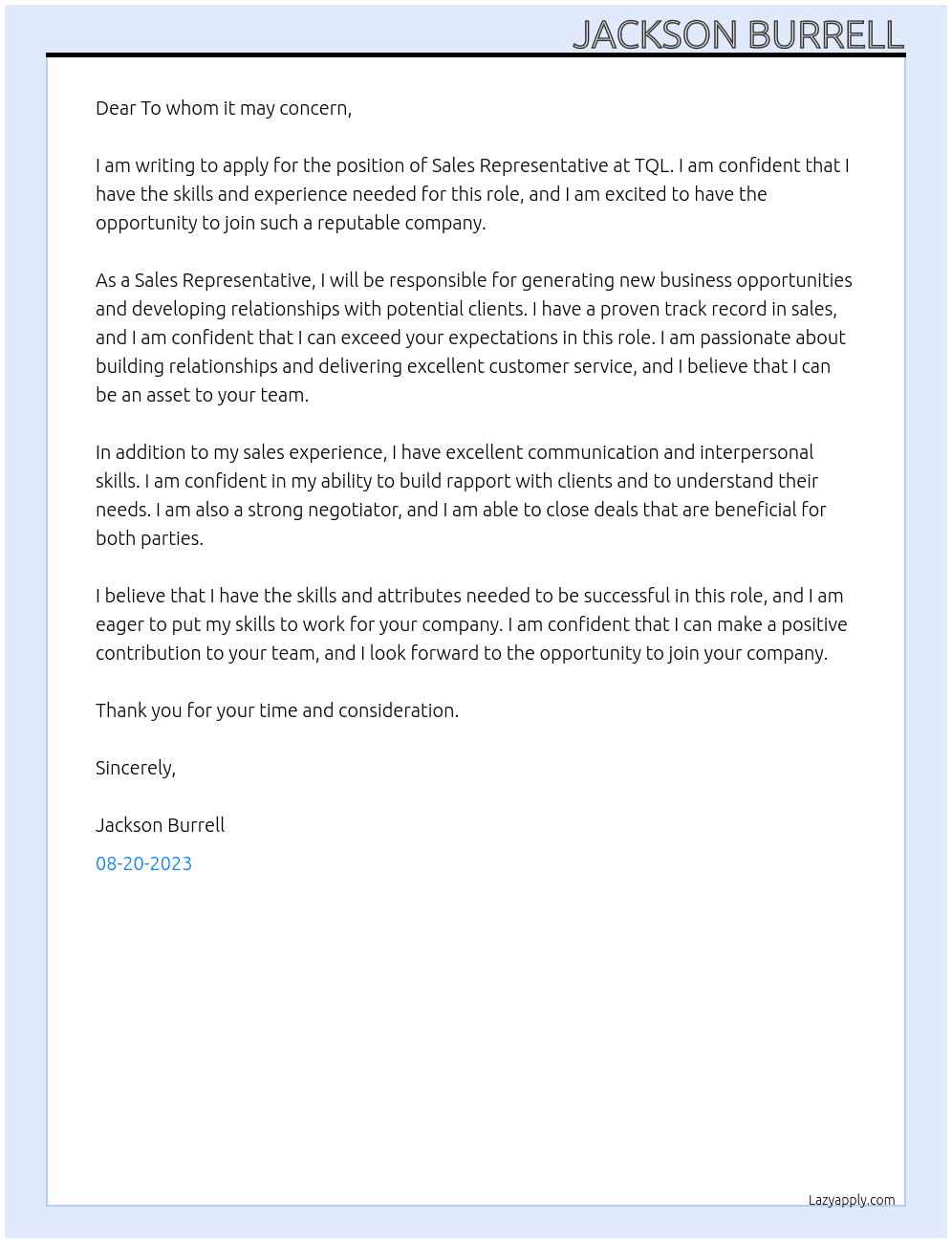 Sales Representative At TQL Cover Letter
