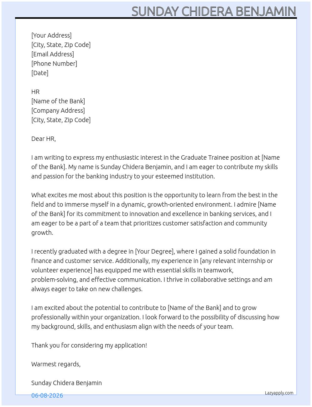 Cover letter for graduate trainee - LazyApply