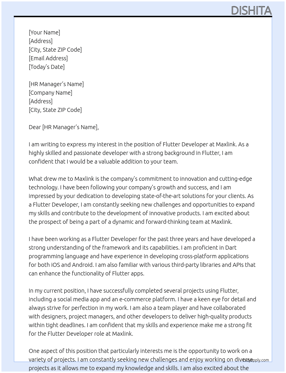 flutter developer At maxlink Cover Letter