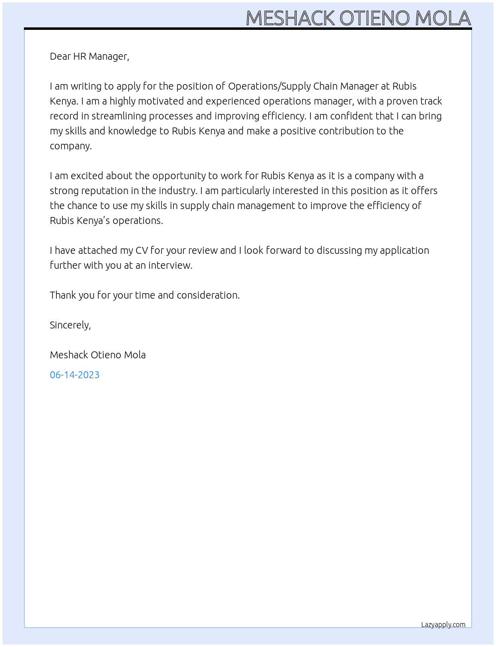 Operations/Supply chain Management At Rubis Kenya Cover Letter