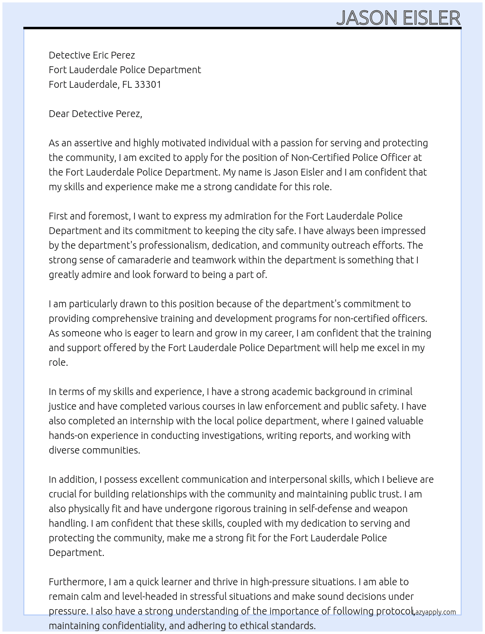 Non-Certified Police Officer At Fort Lauderdale Police Department Cover Letter