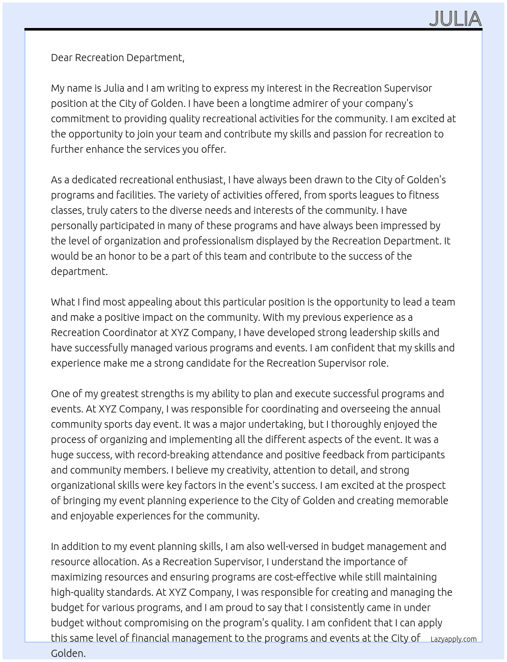 recreation supervisor At City of Golden Cover Letter