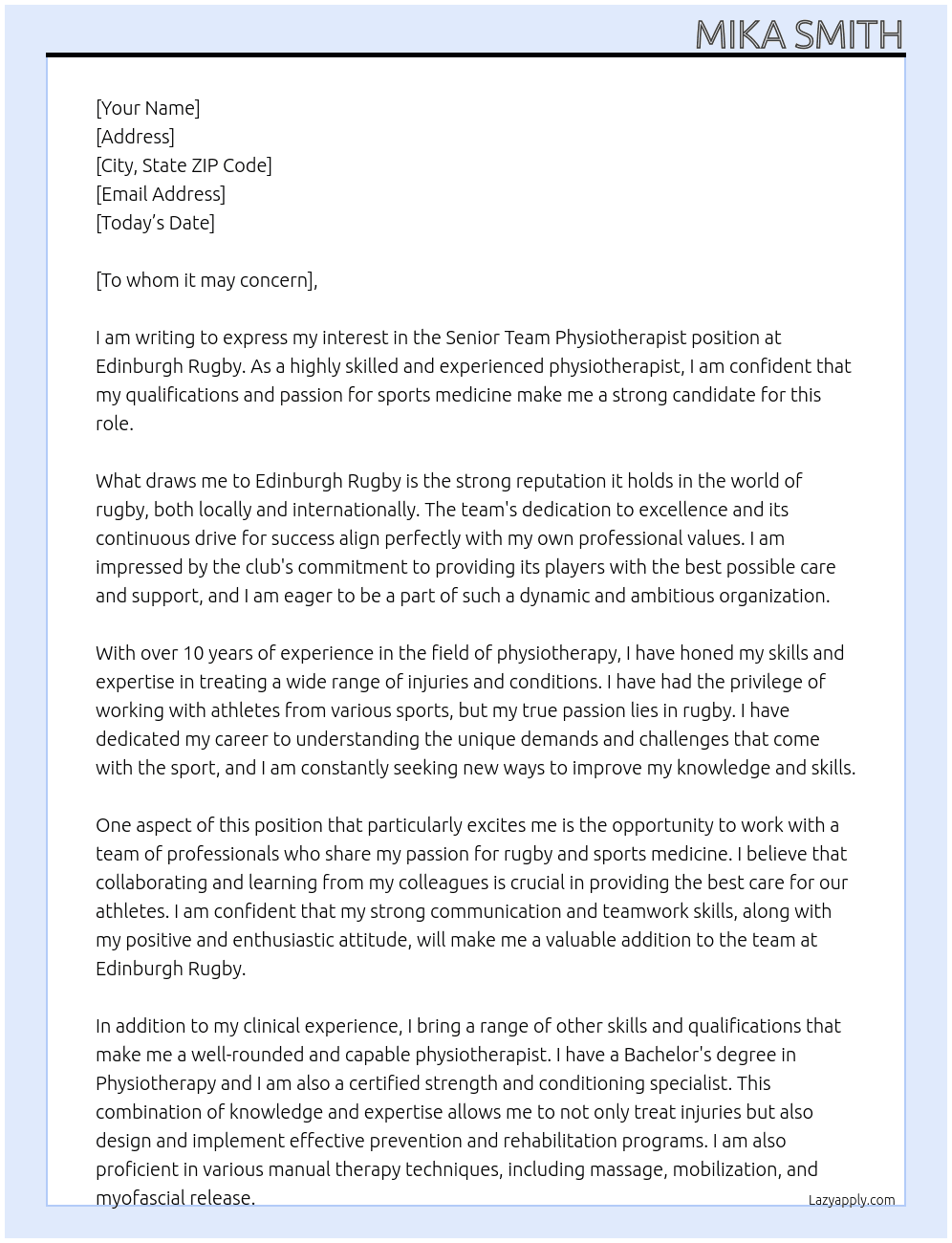 Senior Team Physiotherapist At Edinburgh Rugby Cover Letter