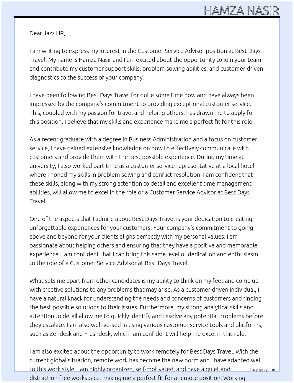 Customer Service Advisor At Best Days Travel Cover Letter