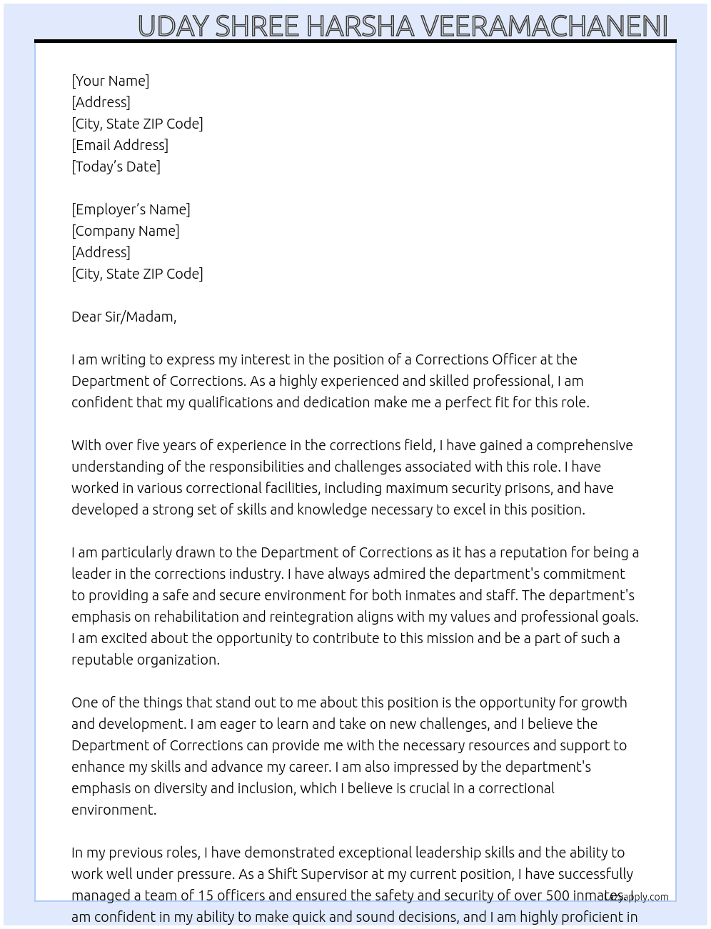 Corrections officer  At Department of Corrections  Cover Letter