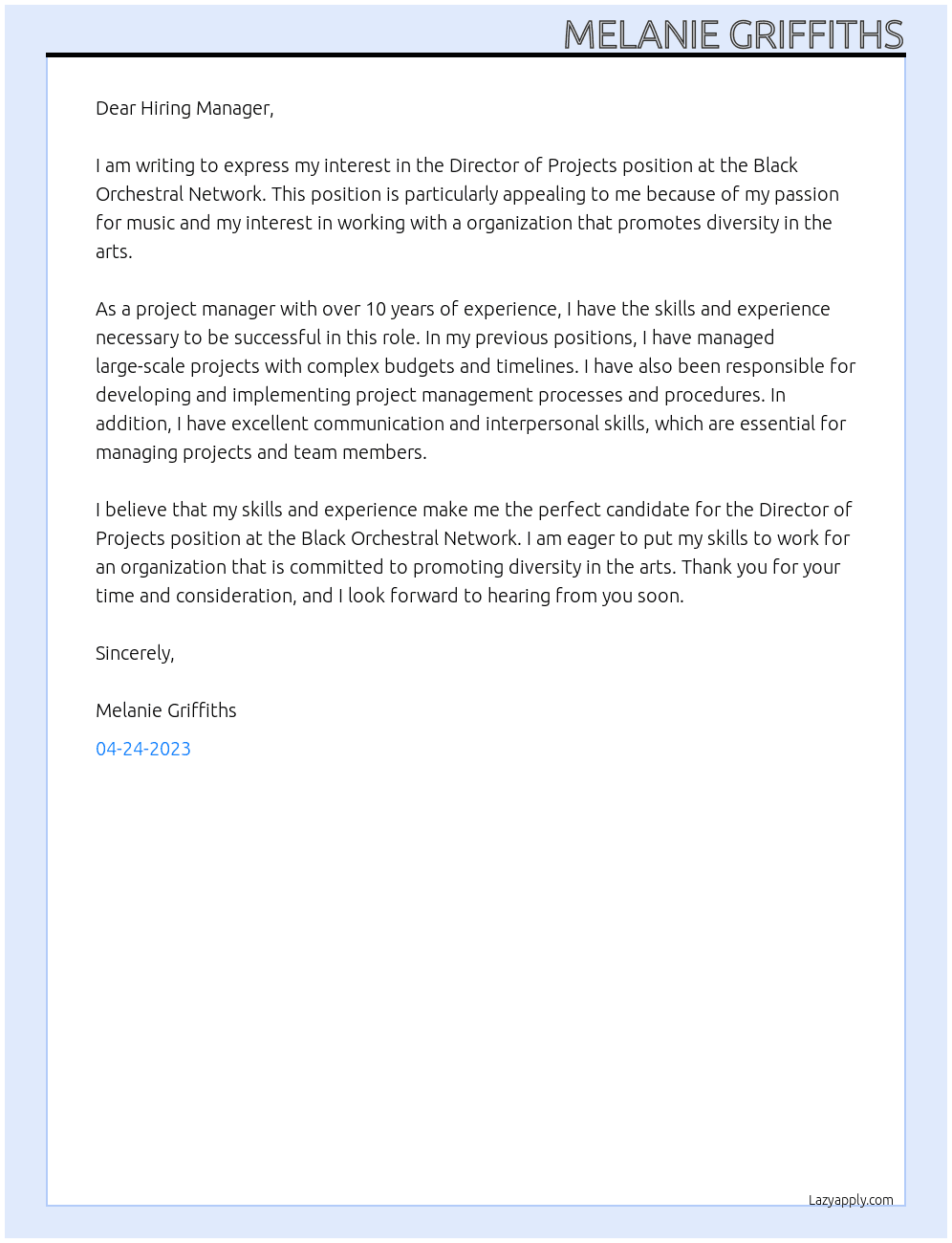 Director of Projects At Black Orchestral Network Cover Letter