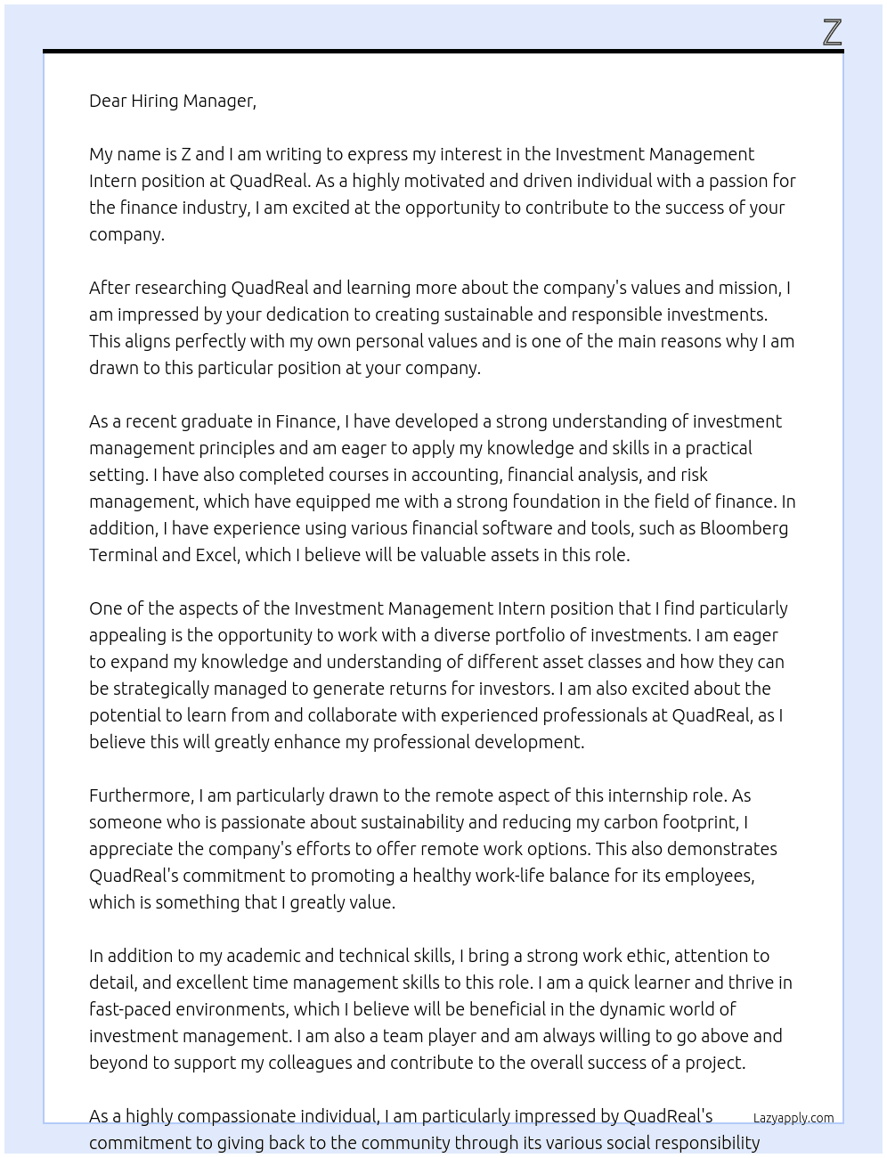 Investment Management Intern At QuadReal Cover Letter