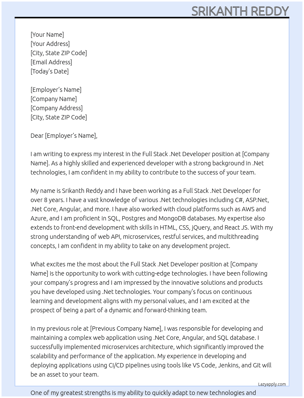 Cover letter for full stack .net developer - LazyApply