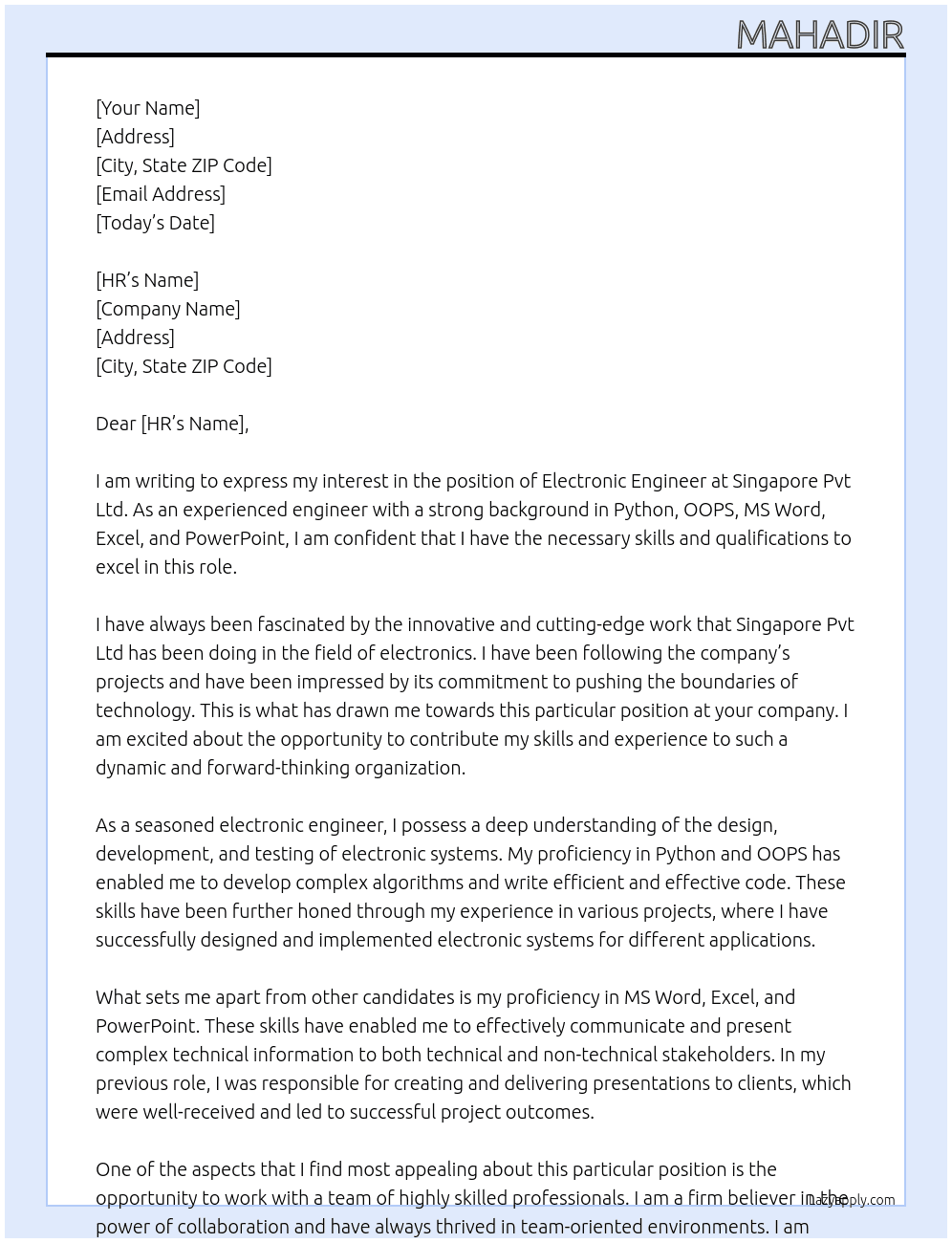 Electronic engineer At Singapore pvt lmt Cover Letter
