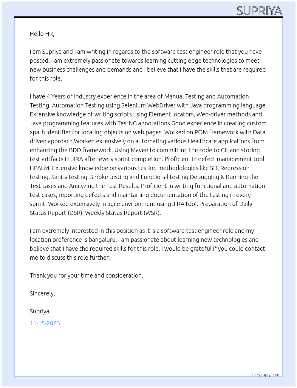 software test engineer At Wipro Cover Letter