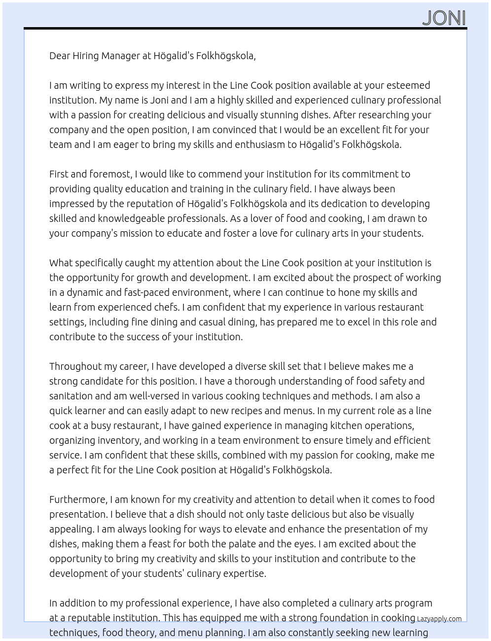 line cook At högalid's folkhögskola Cover Letter