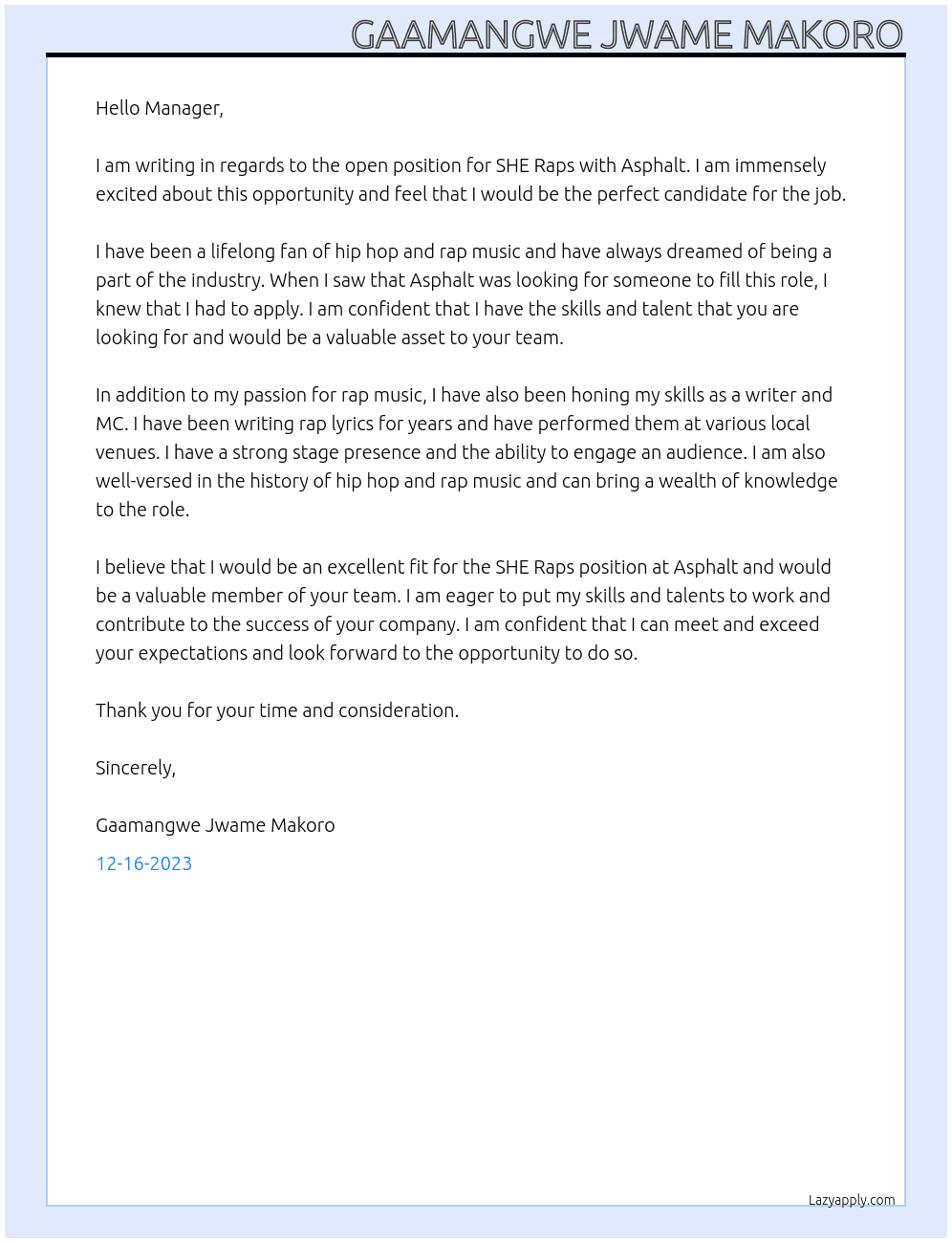 SHE Raps At Asphalt  Cover Letter