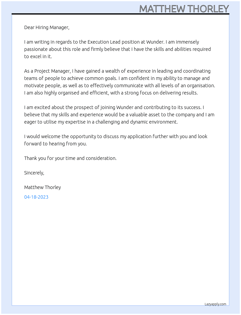 Execution Lead At Wunder Cover Letter