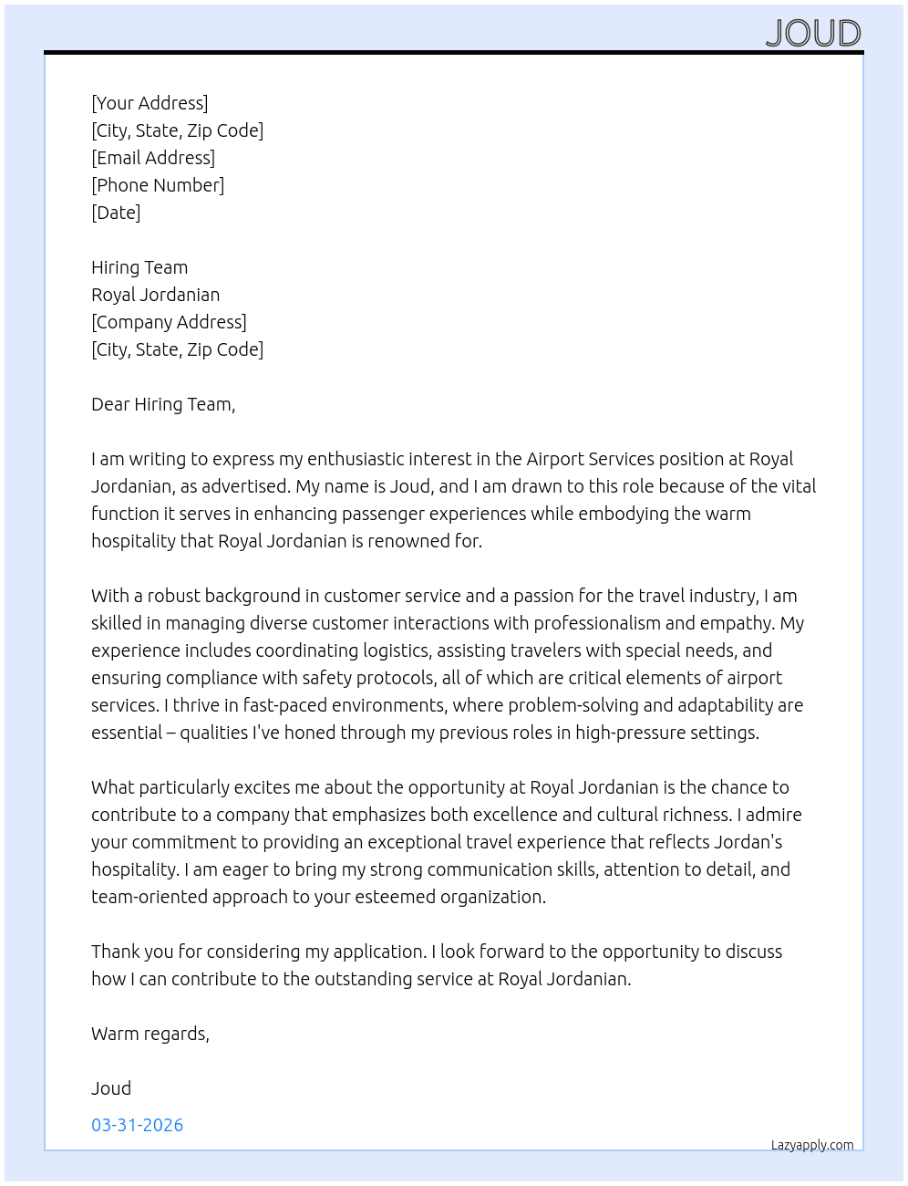 Airport services At Royal jordanian Cover Letter