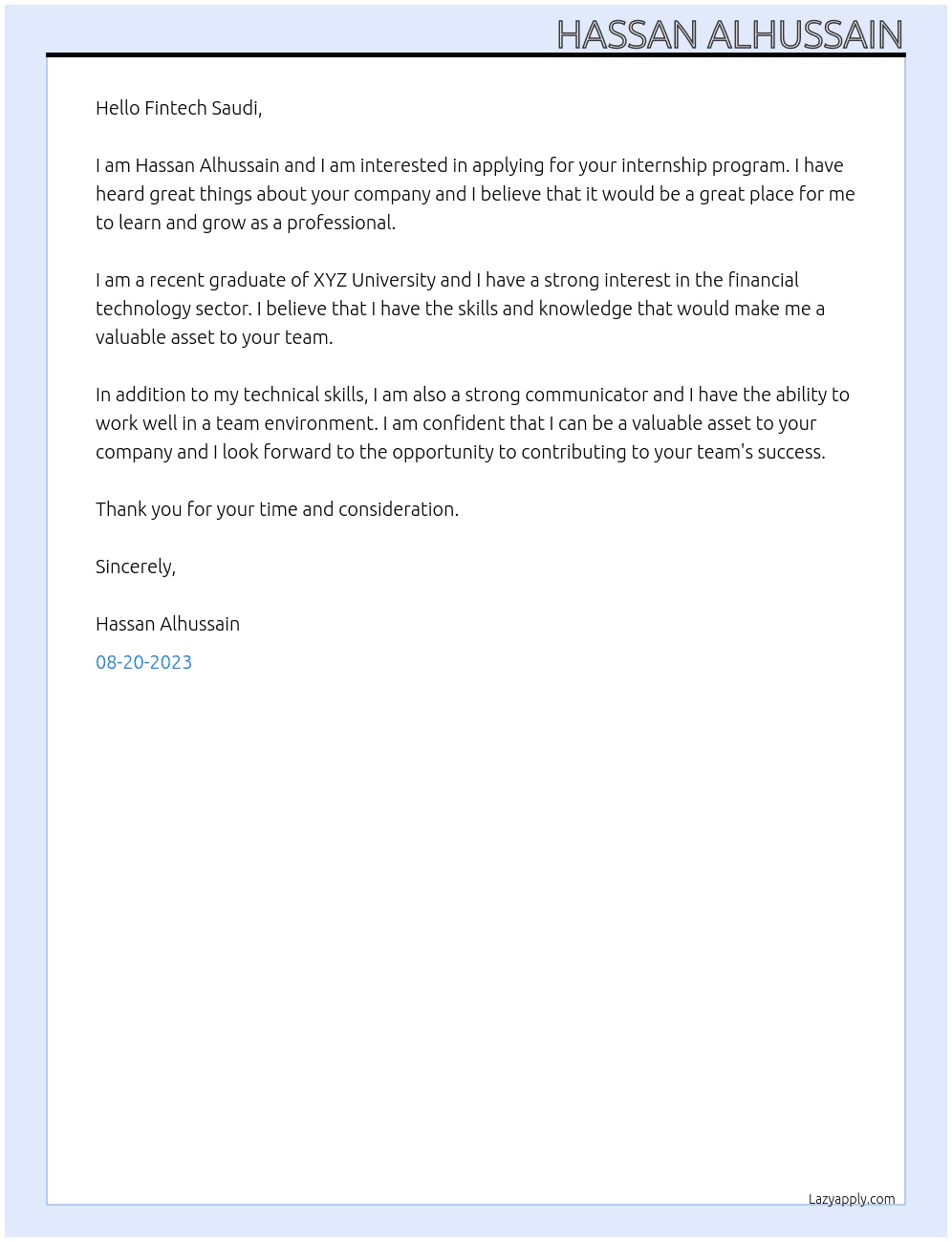 Internship At Fintech Saudi Cover Letter