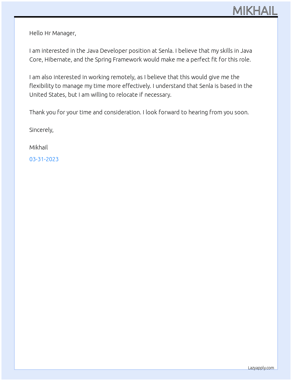 Java Developer At Senla Cover Letter