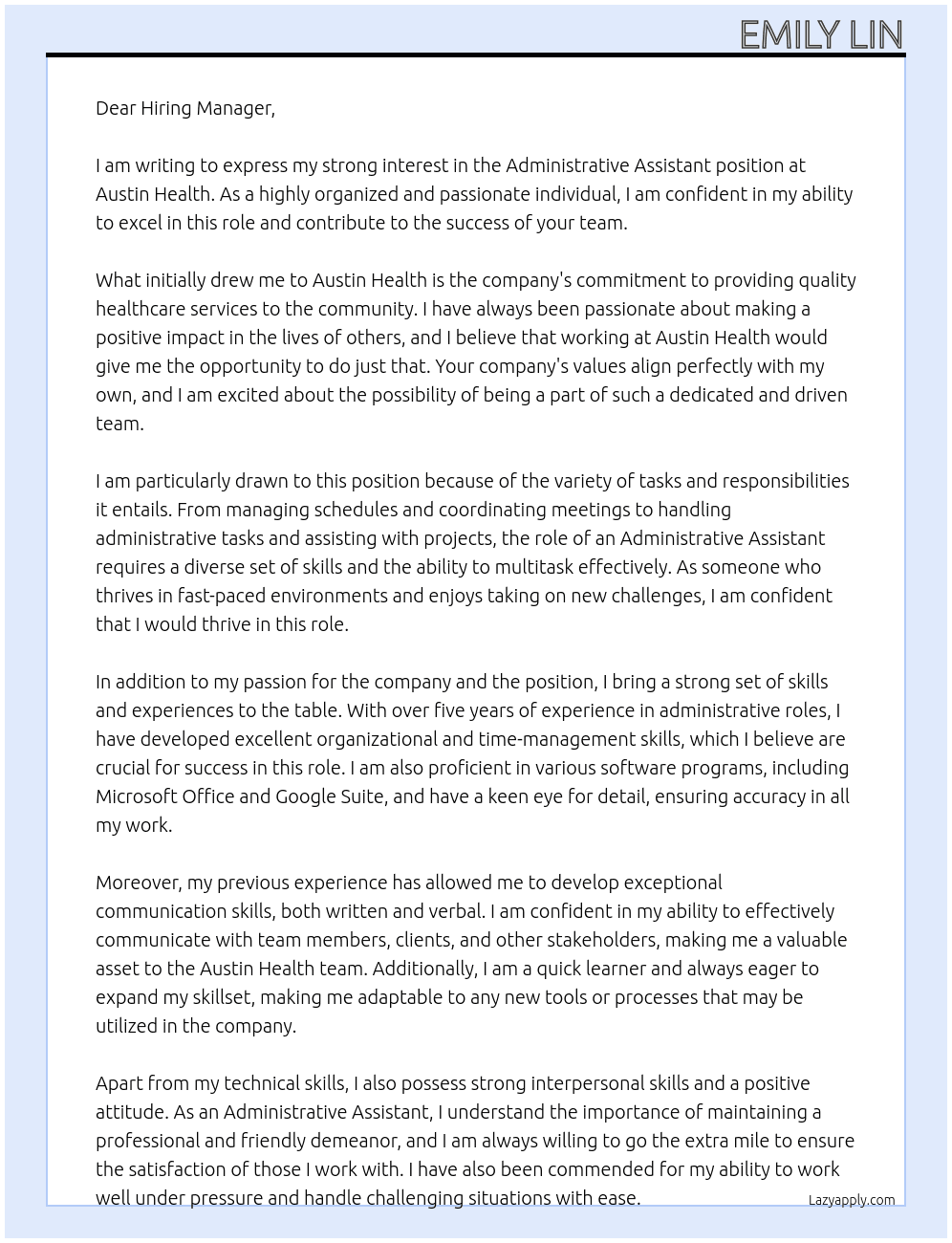 Administrative Assistant At Austin Health Cover Letter