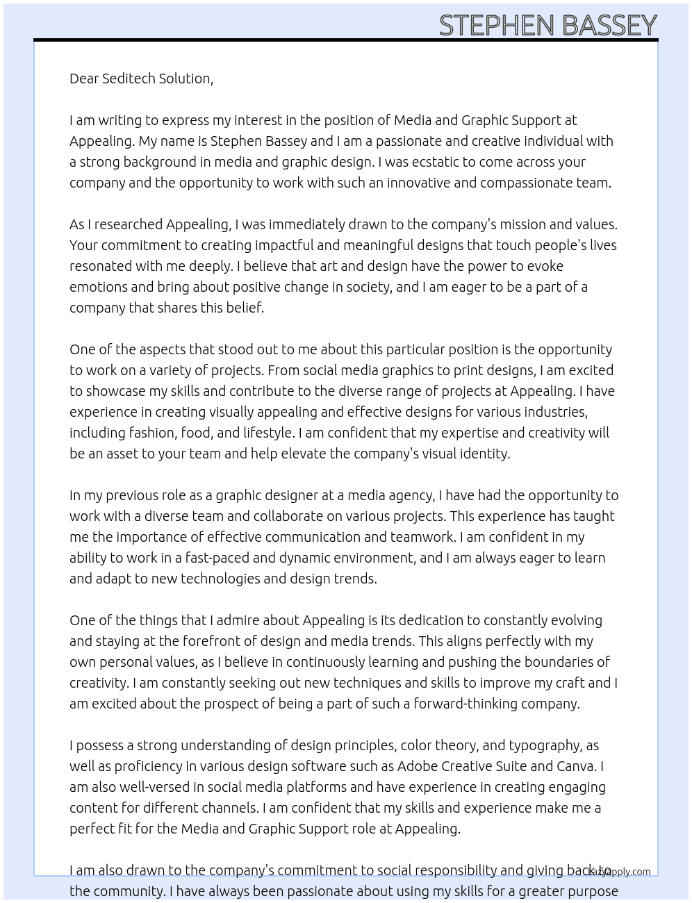Media and Graphic Support At Appealing  Cover Letter