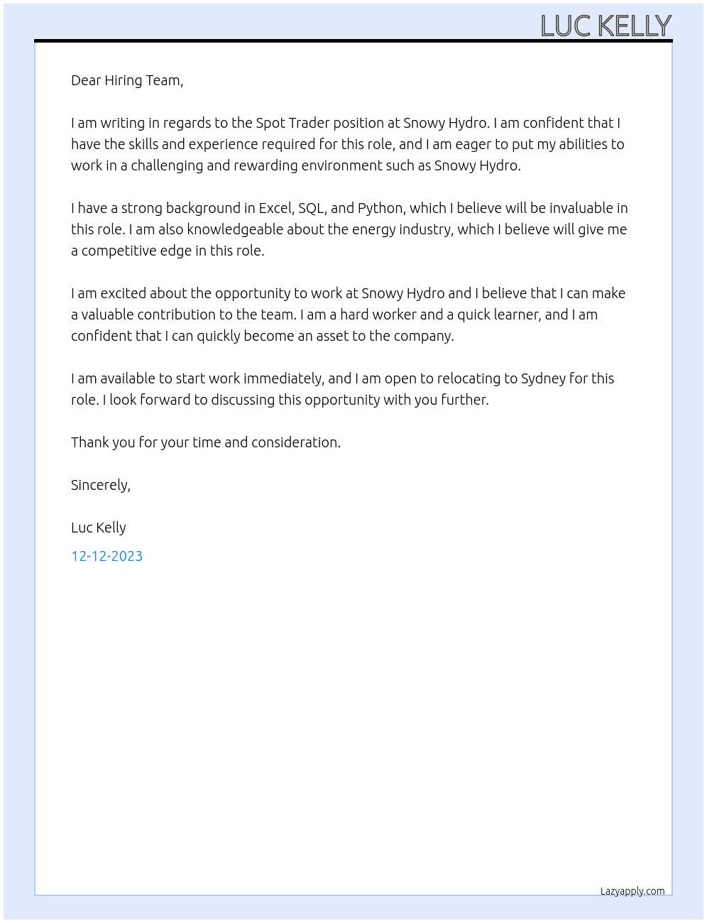 Spot Trader At Snowy Hydro Cover Letter