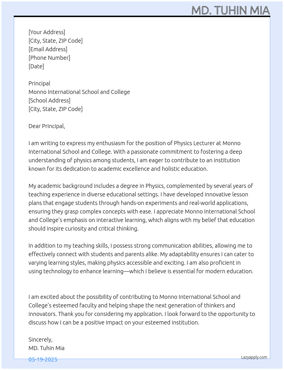 Lecture of Physics  At Monno International School and College  Cover Letter