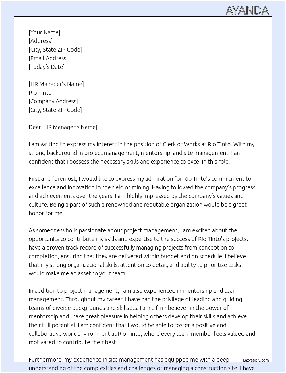 Clerk of Works  At Rio Tinto Cover Letter