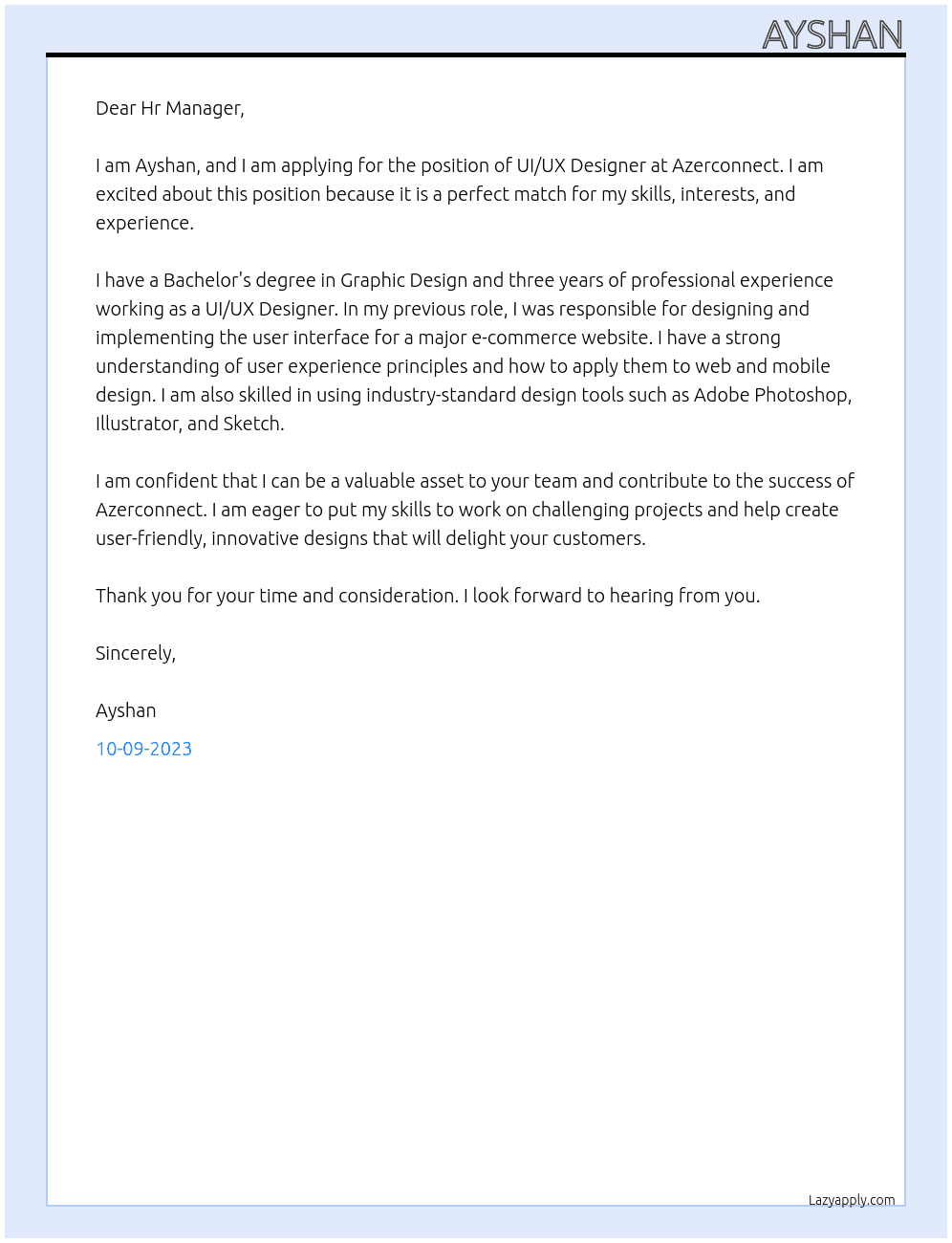 UI/UX Designer At Azerconnect Cover Letter