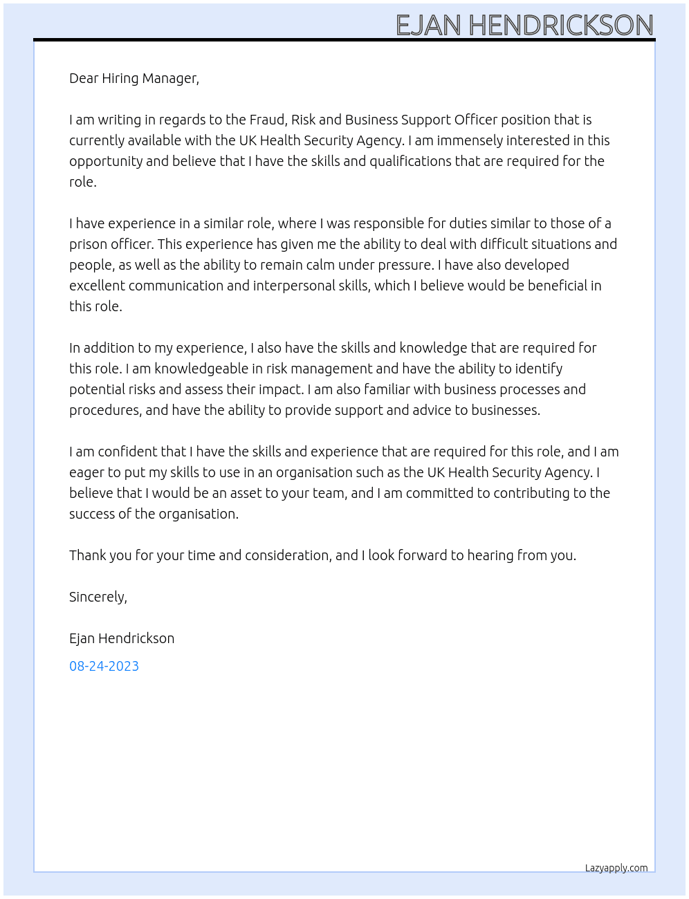 Fraud, risk and business support officer At UK health security agency Cover Letter
