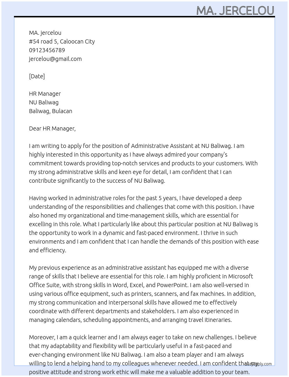 administrative assistant At NU baliwag Cover Letter