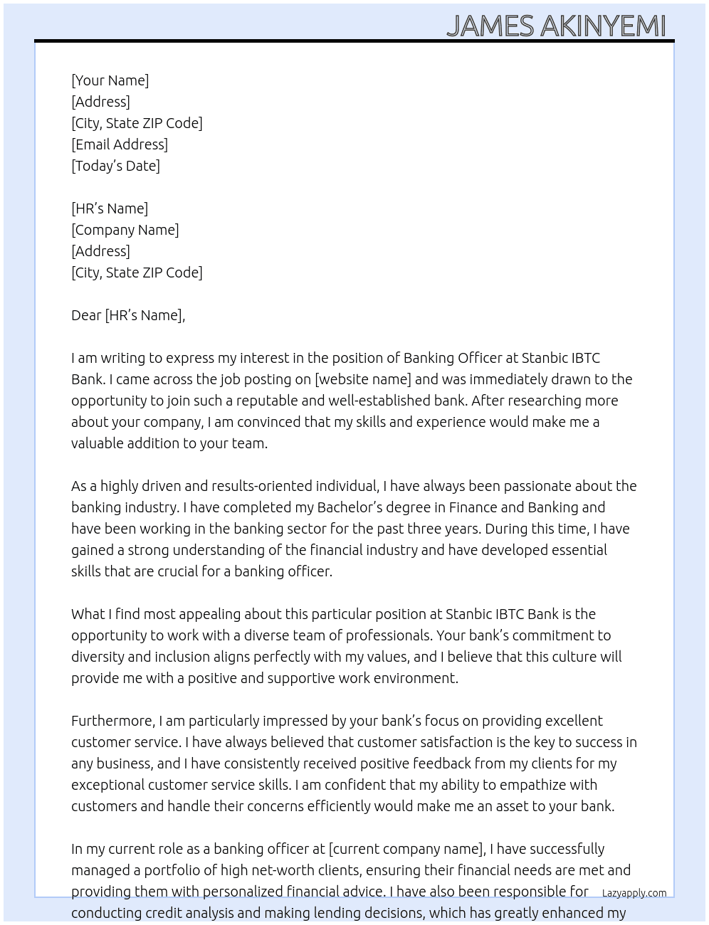 Banking officer At Stanbic ibtc bank Cover Letter