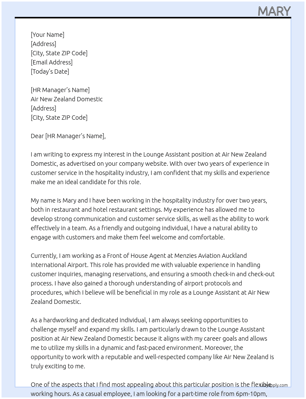 Lounge Assistant  At Air New Zealand Domestic Cover Letter