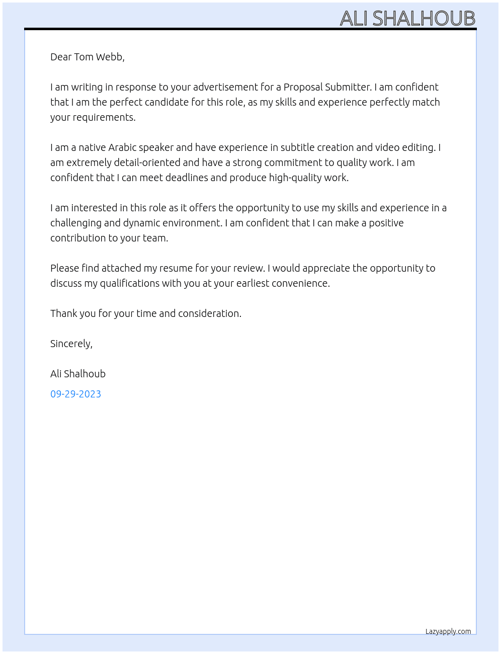 Submit a Proposal At Tom Webb Cover Letter