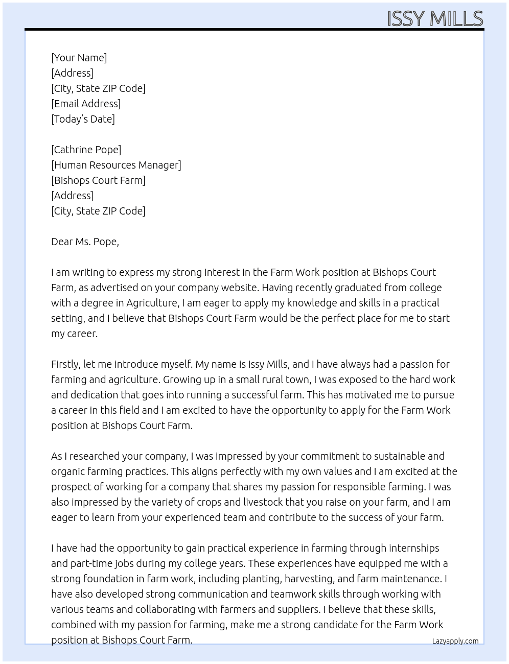 Farm work exprience At Bishops Court Farm Cover Letter