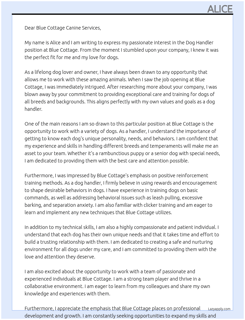 Dog handler  At Blue cottage Cover Letter
