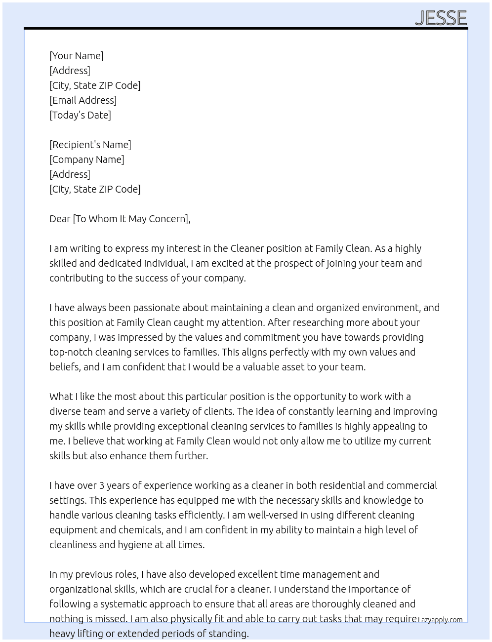 Cleaner At Family Clean Cover Letter