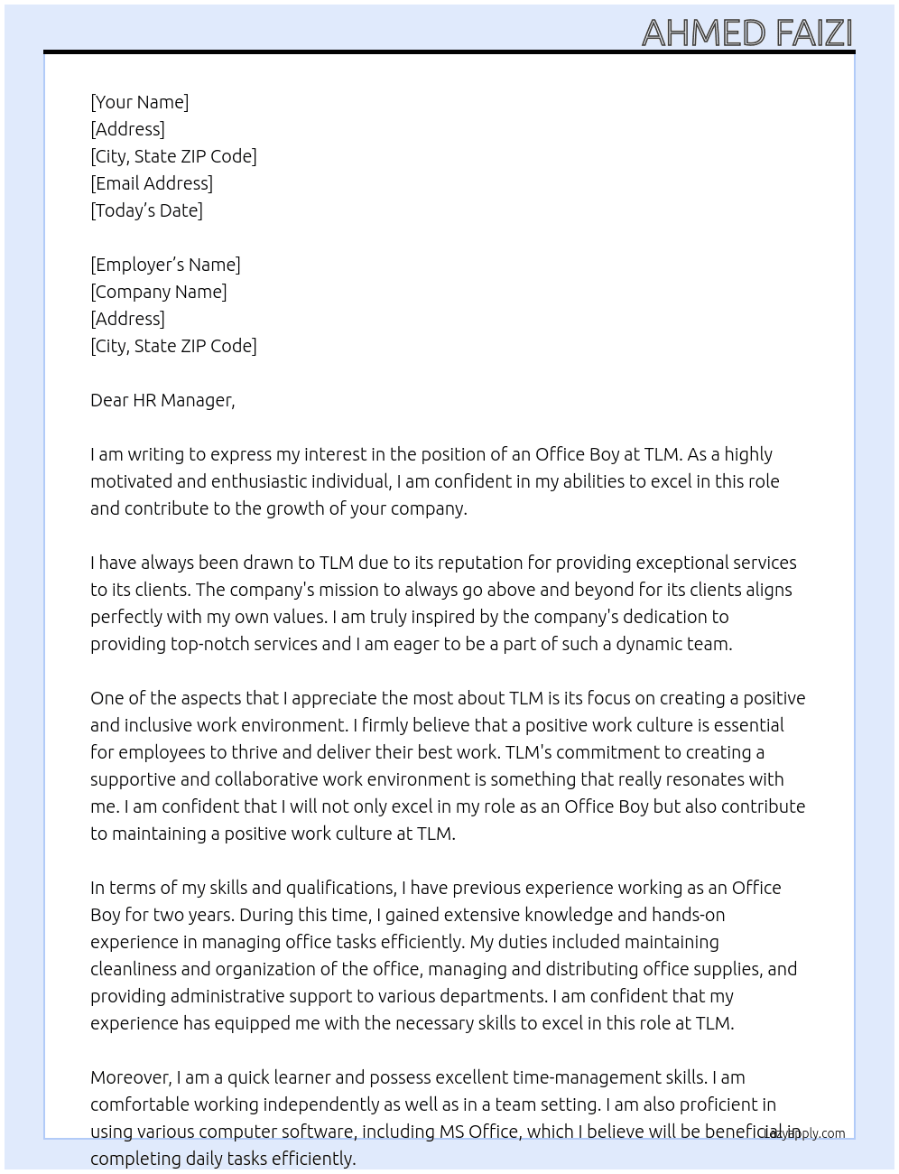 Office Boy At TLM  Cover Letter