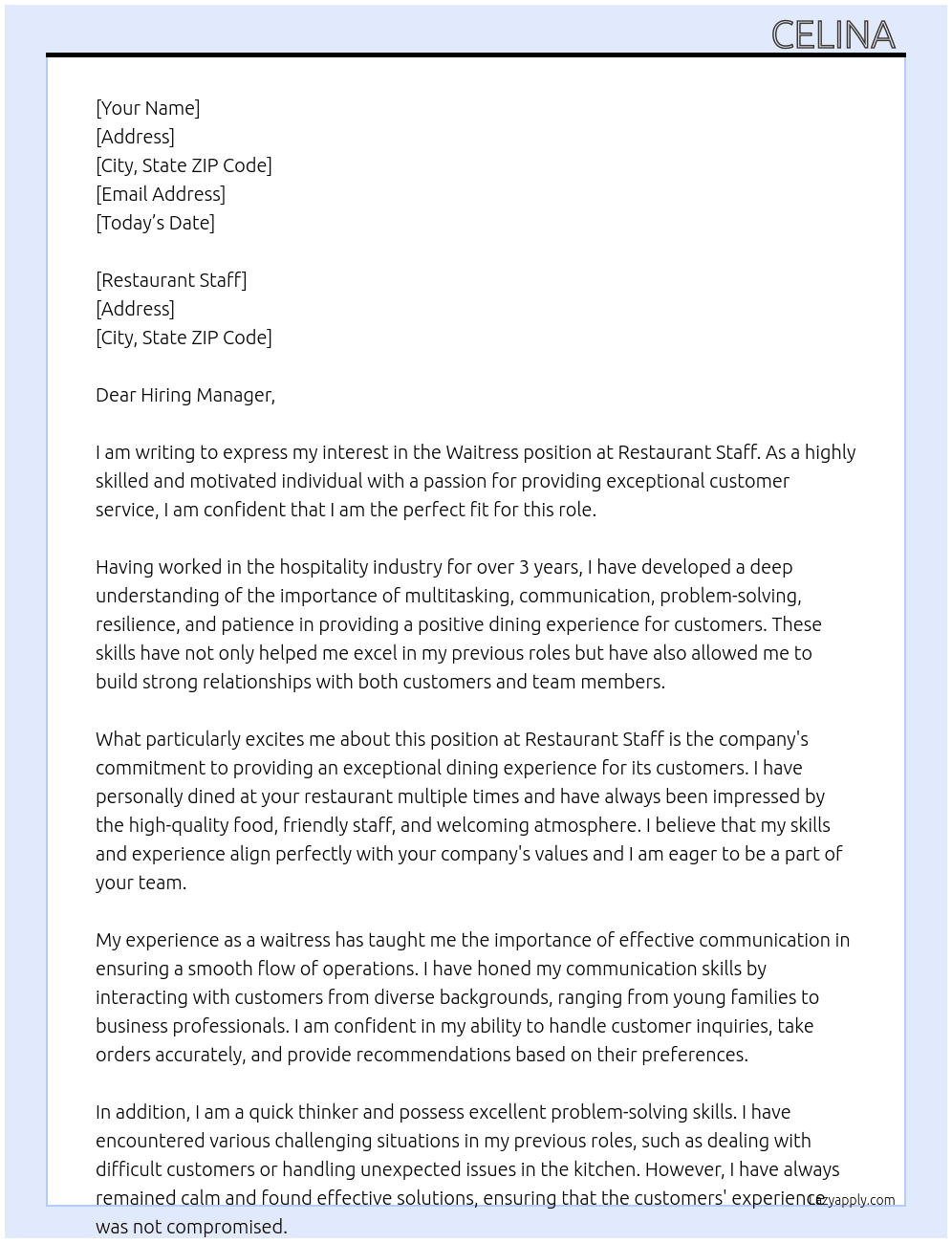 Waitress At Restaurant Staff Cover Letter