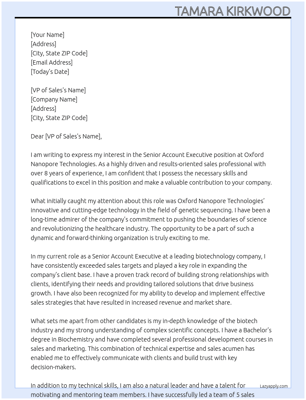Senior Account Executive At Oxford Nanopore Technologies Cover Letter
