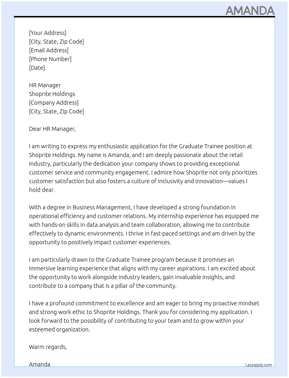 graduate trainee position At shoprite holdings Cover Letter