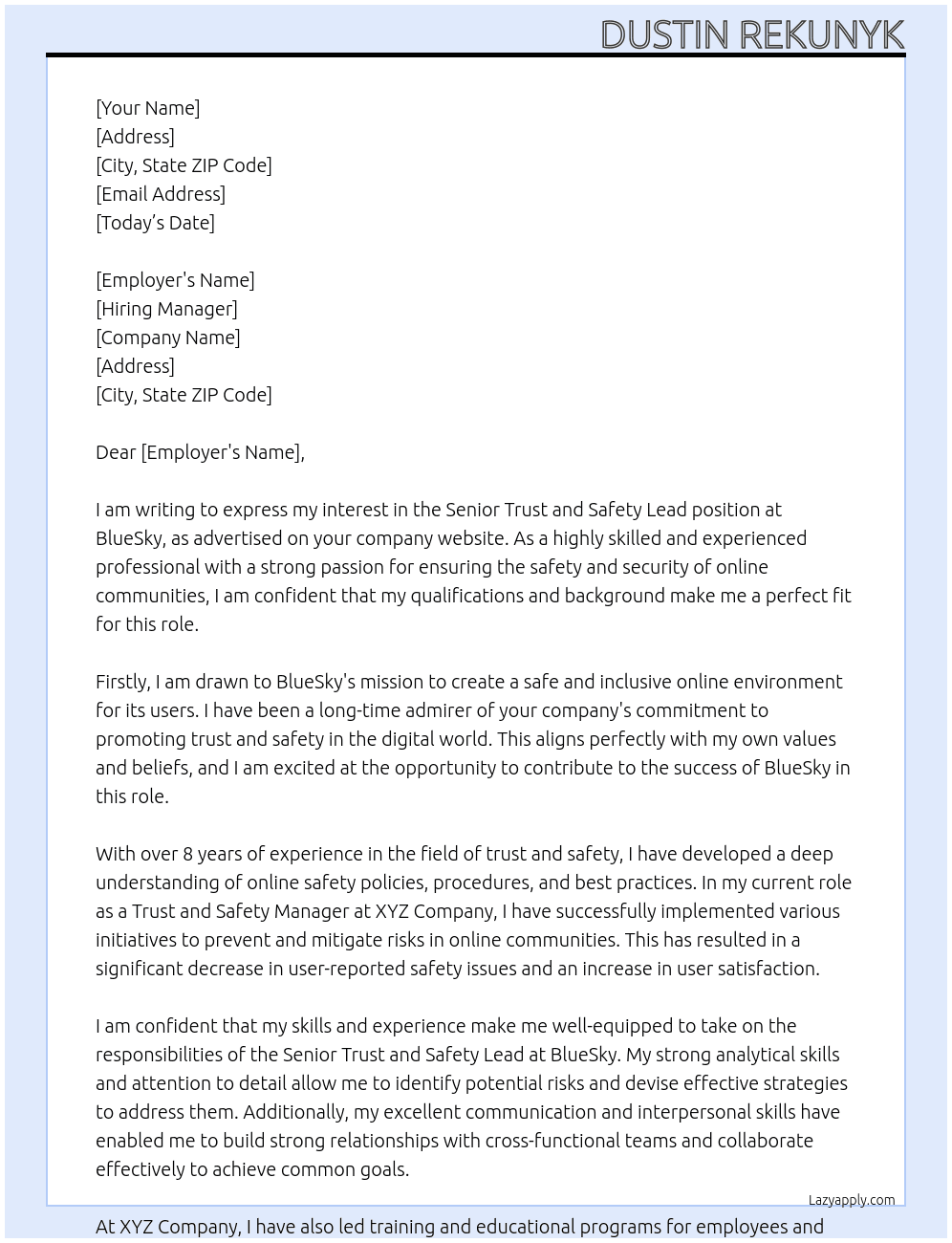 Senior Trust and Safety Lead At BlueSky Cover Letter