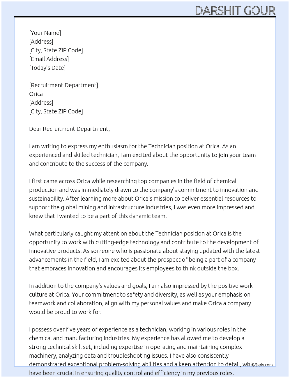 Technician At Orica Cover Letter