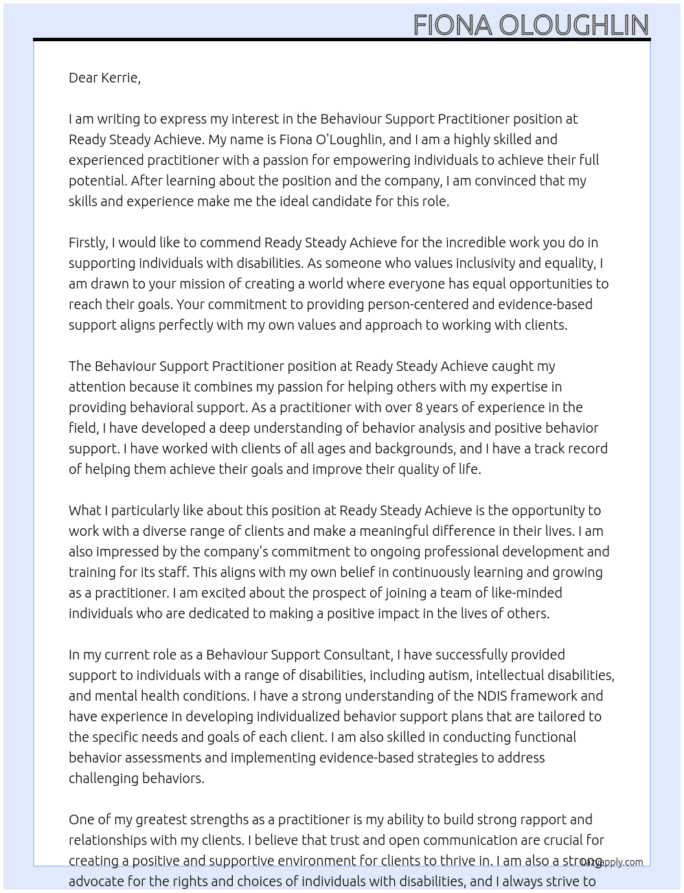 Behaviour Support Practitioner At Ready Steady Achieve Cover Letter