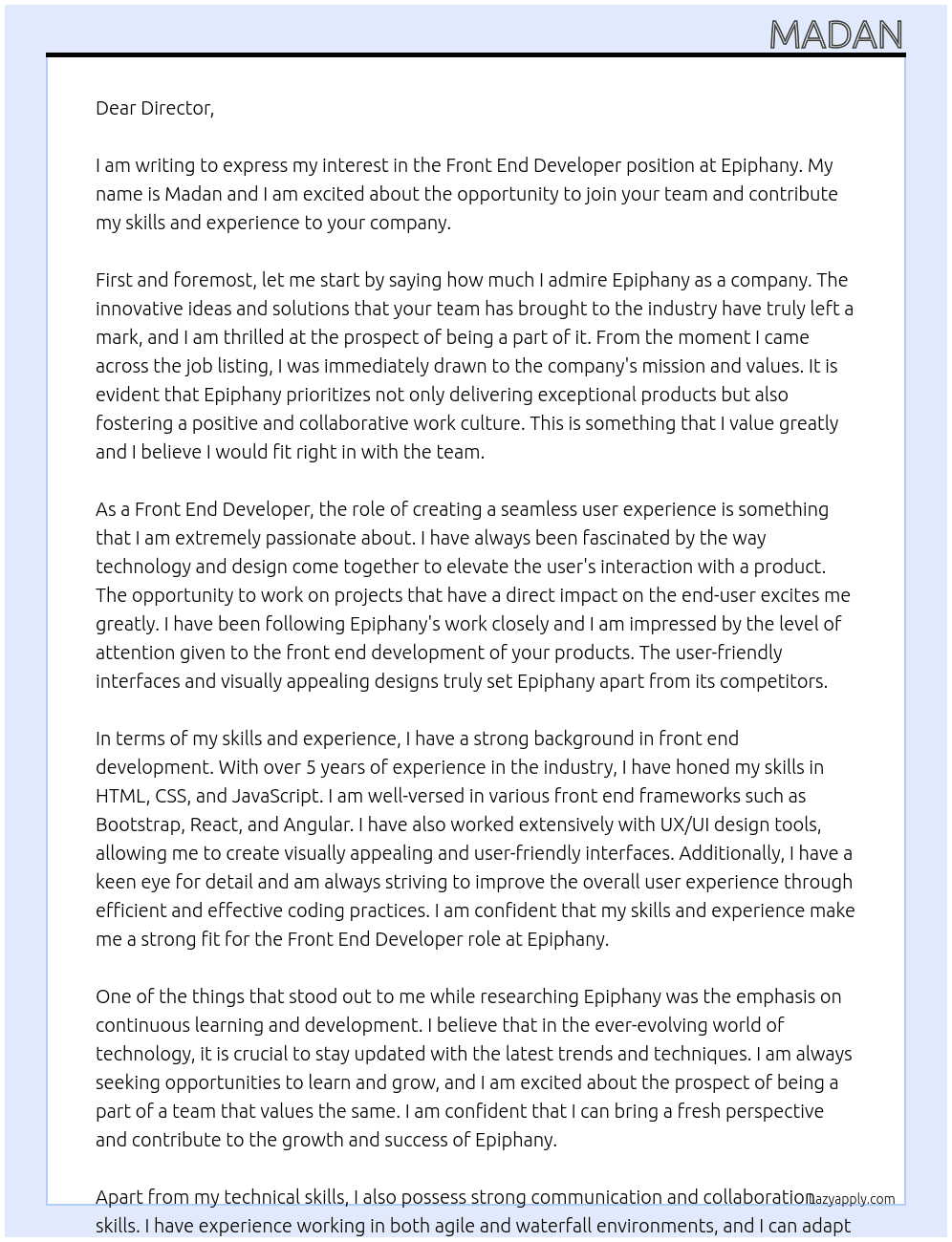 front end developer At epiphany Cover Letter