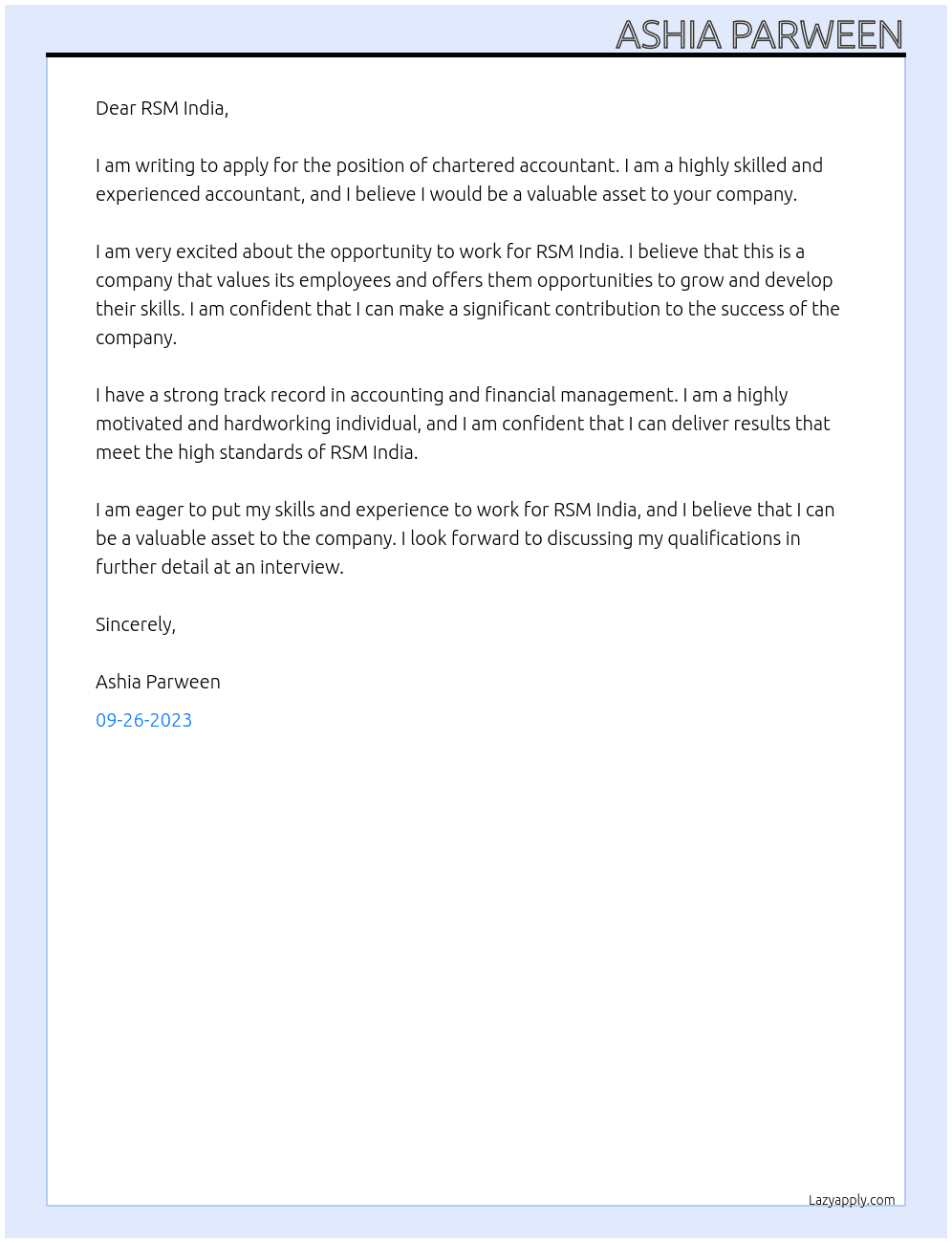 chartered accountant At RSM India Cover Letter