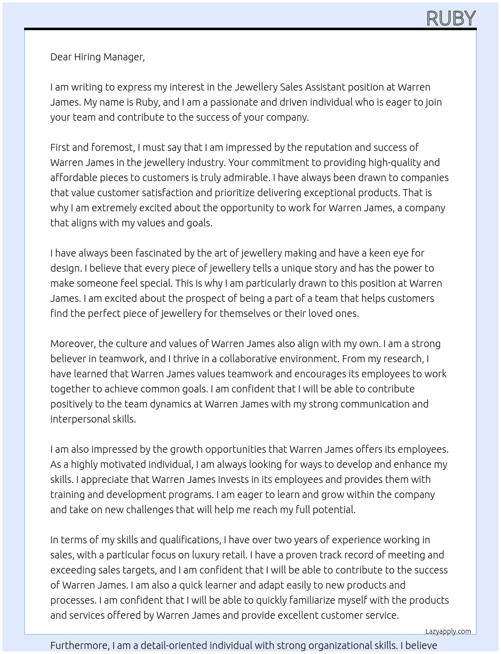 Jewellery sales assistant   At Warren james Cover Letter