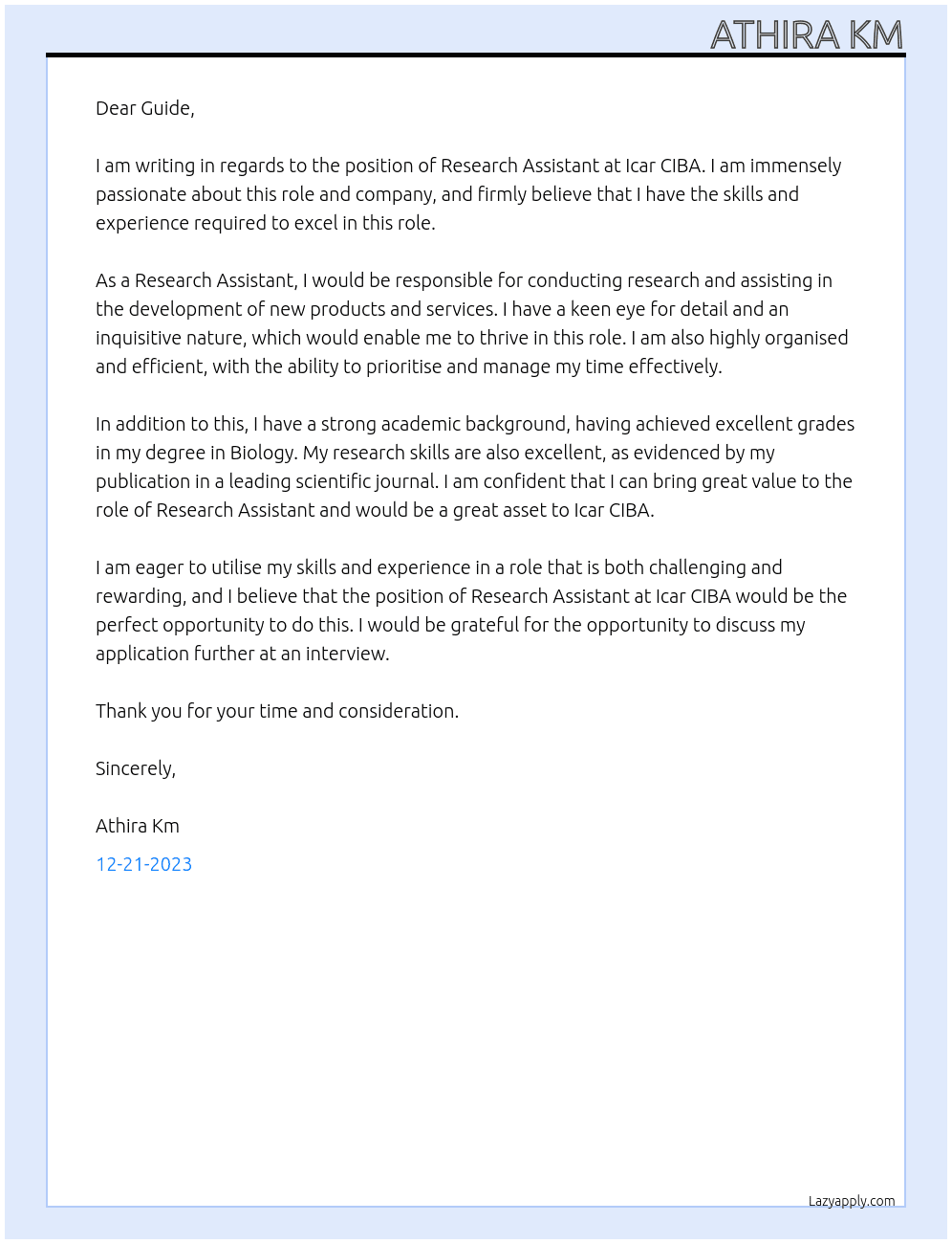 Research Assistant  At Icar CIBA Cover Letter