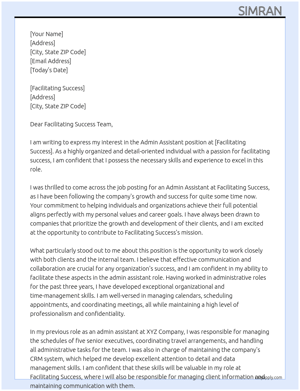 admin assistant At Facilitating Success  Cover Letter