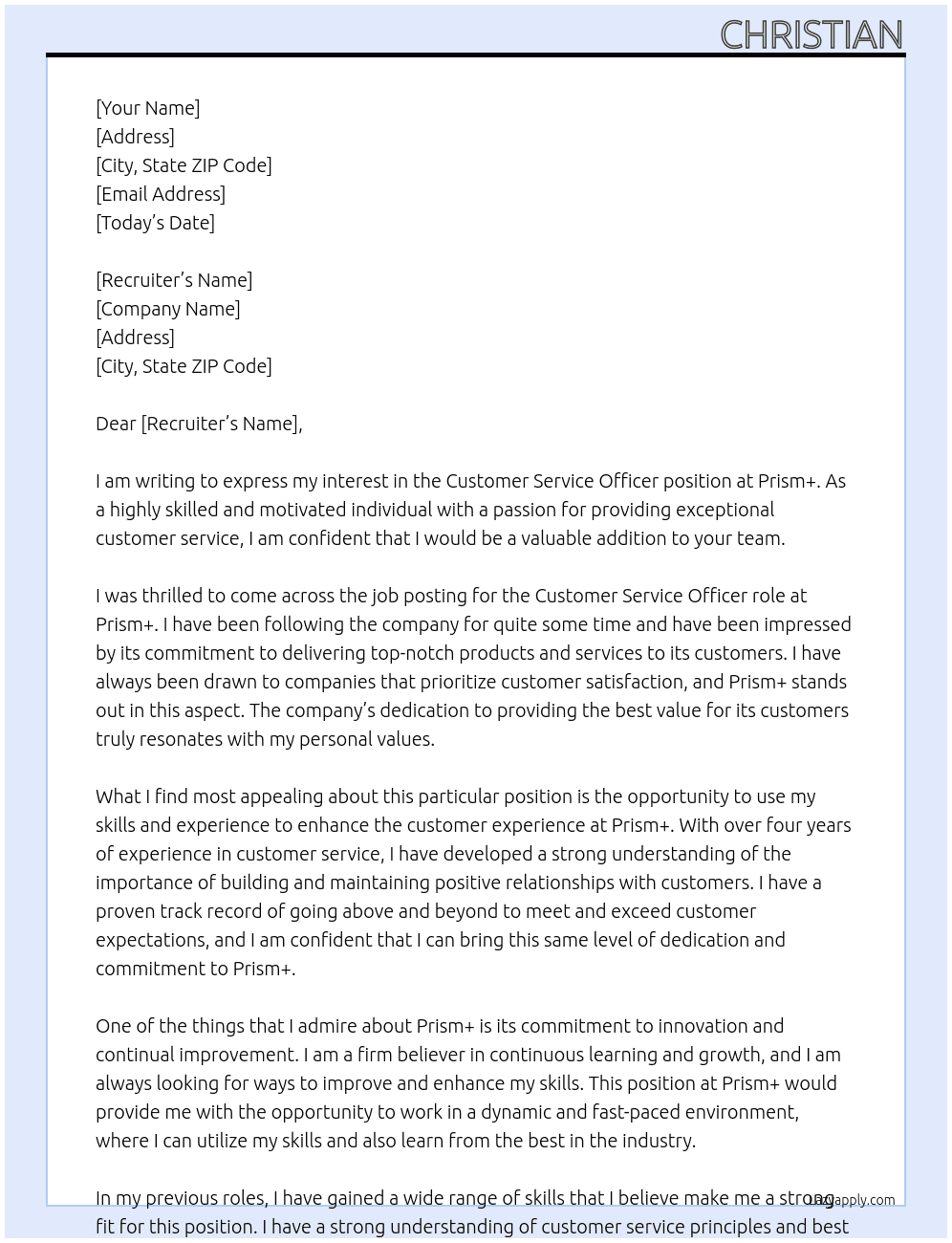 Customer service officer At Prism+ Cover Letter