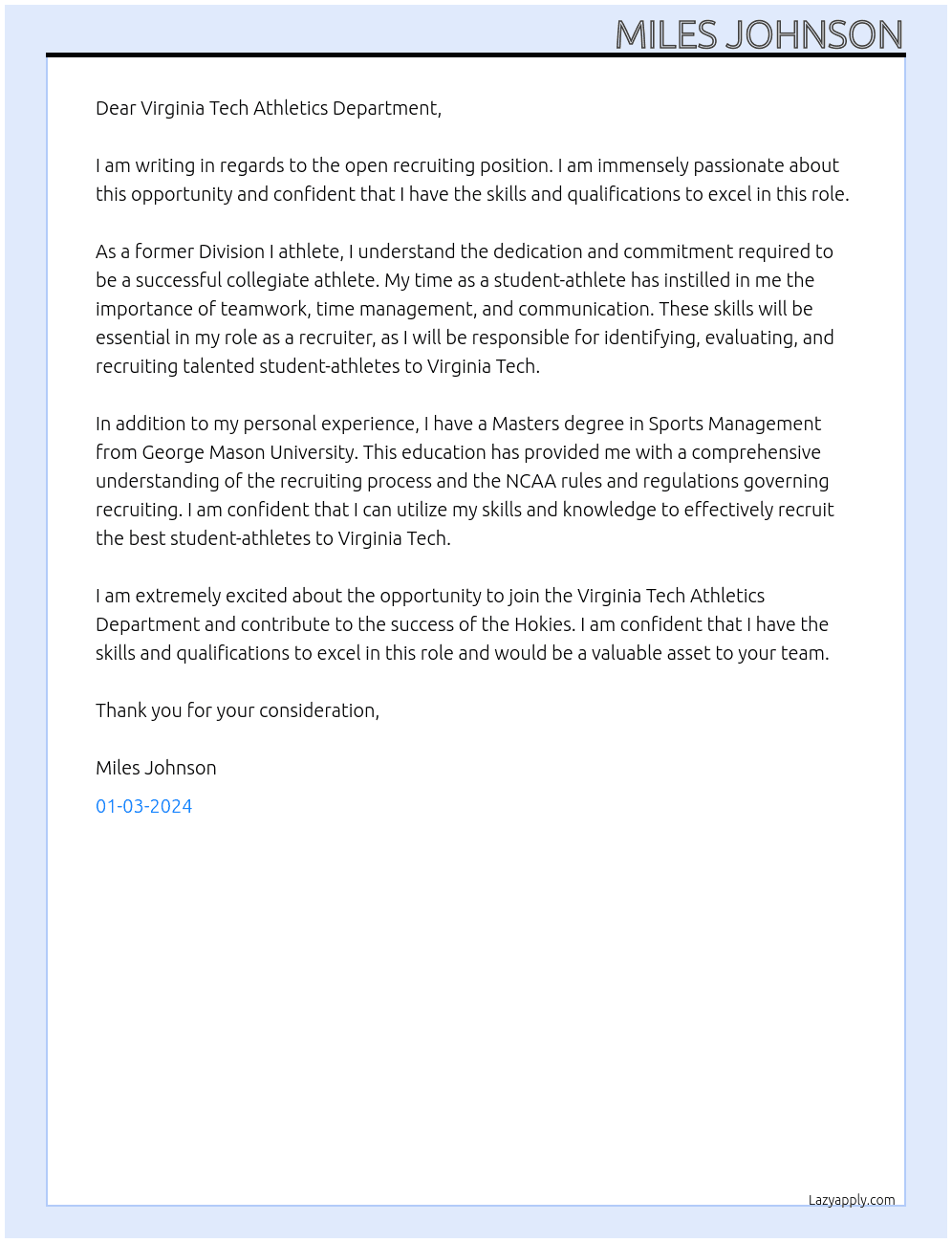 Recruiting  At Virginia tech athletics department  Cover Letter